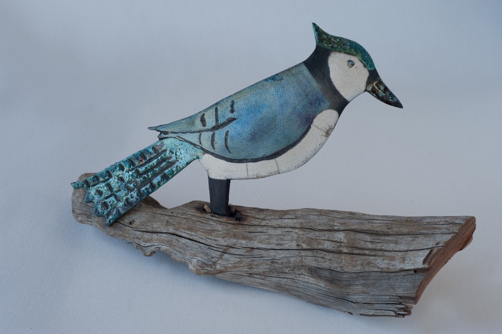 Jackie Warmelink - Bluejay on Driftwood - 2019 Raku Pottery